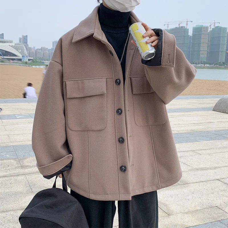 

2021 New Short Winter Woolen Coat Men's Loose Lapels Woolen Coat Student Trench Coat Fashion