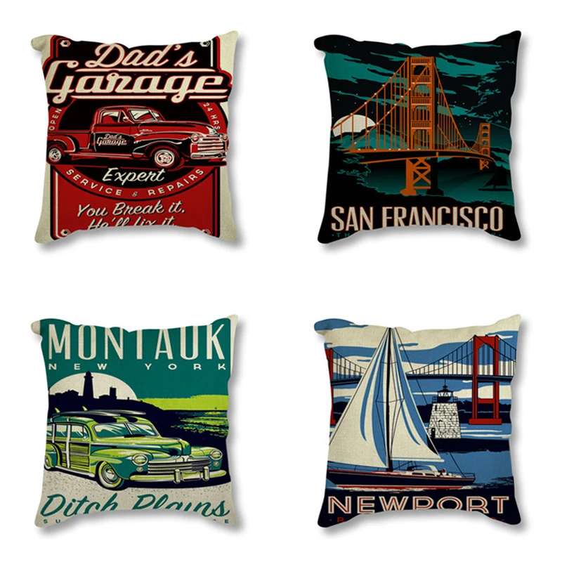 

Vintage Linen Cushion Hot Rods Car Art Minimalist Printed Throw Pillow San Francisco Picture Decorative Cushion Sofa Home Decor