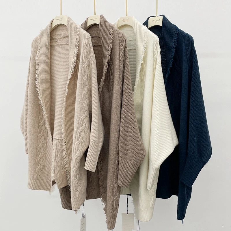 Женский длинный шерстяной кардиган с кисточками и рукавом летучая мышь Летучая