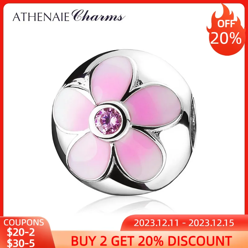 

ATHENAIE 925 Sterling Silver Magnolia Bloom Clip Charms Pale Cerise Enamel and Pink CZ Charms Beads for Women European Bracelets