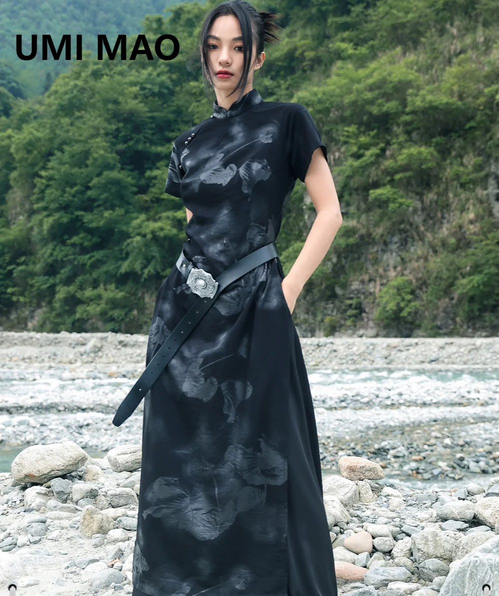 

UMI MAO New Chinese Style Dress Printed Cheongsam Women's Summer Temperament Slit Chic Stitching Improved Skirt Dresses