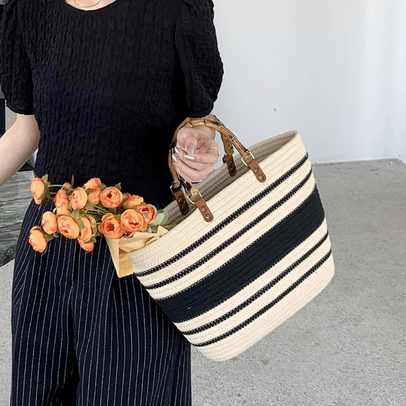 

Вместительные сумки на плечо Hylhexyr в полоску, полиэстеровый хлопковый тканый тоут, портативная пляжная сумочка с бамбуковой ручкой