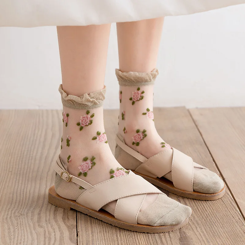 

1 Pair Breathable Ultra Thin Socks Summer Women Transparent Lace Silk Crystal Rose Flower Girls Elastic Short Socks Female Sox