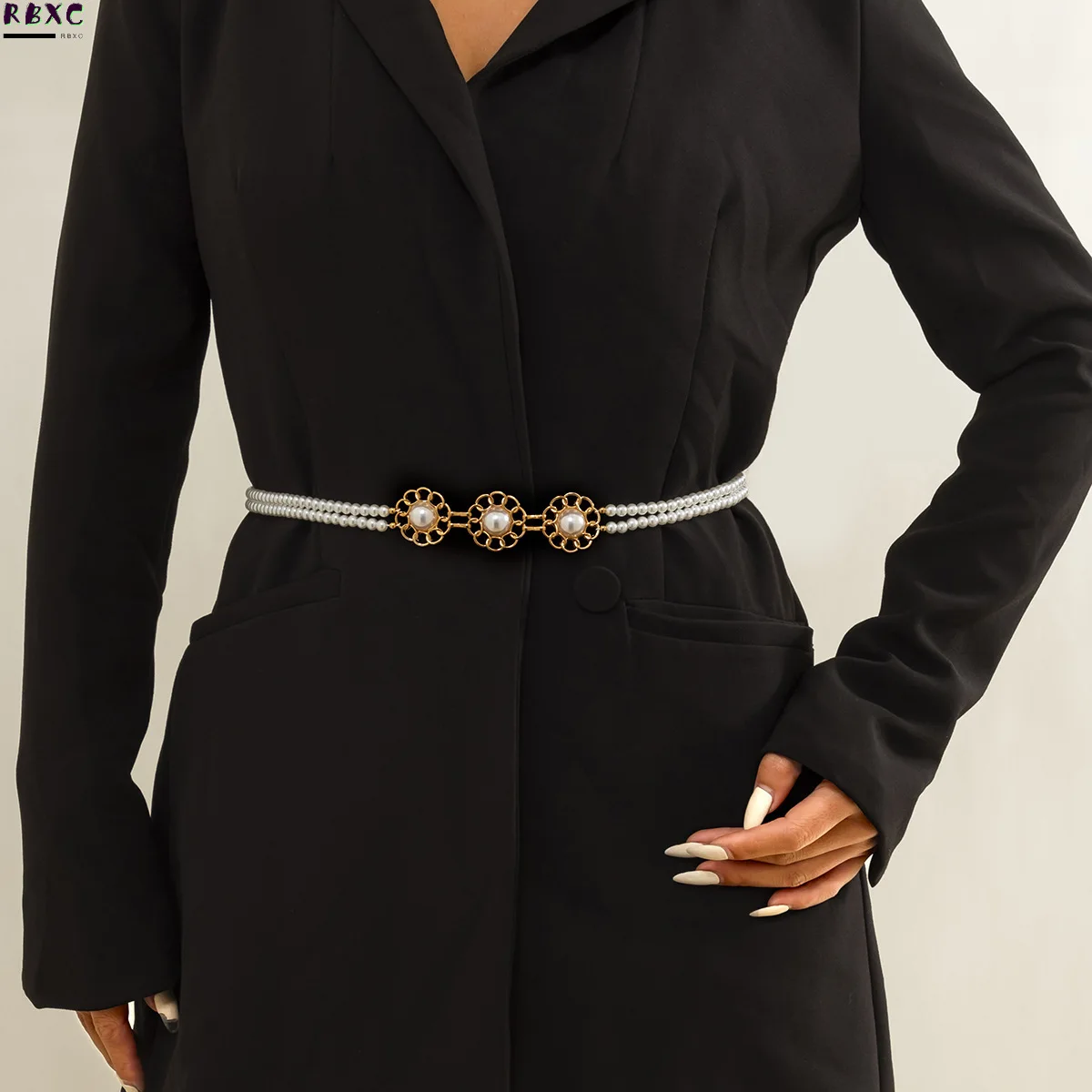 

RBxc Fashion personality knitting imitation pearl body chain temperament alloy flower plate manual round bead chain waist chain