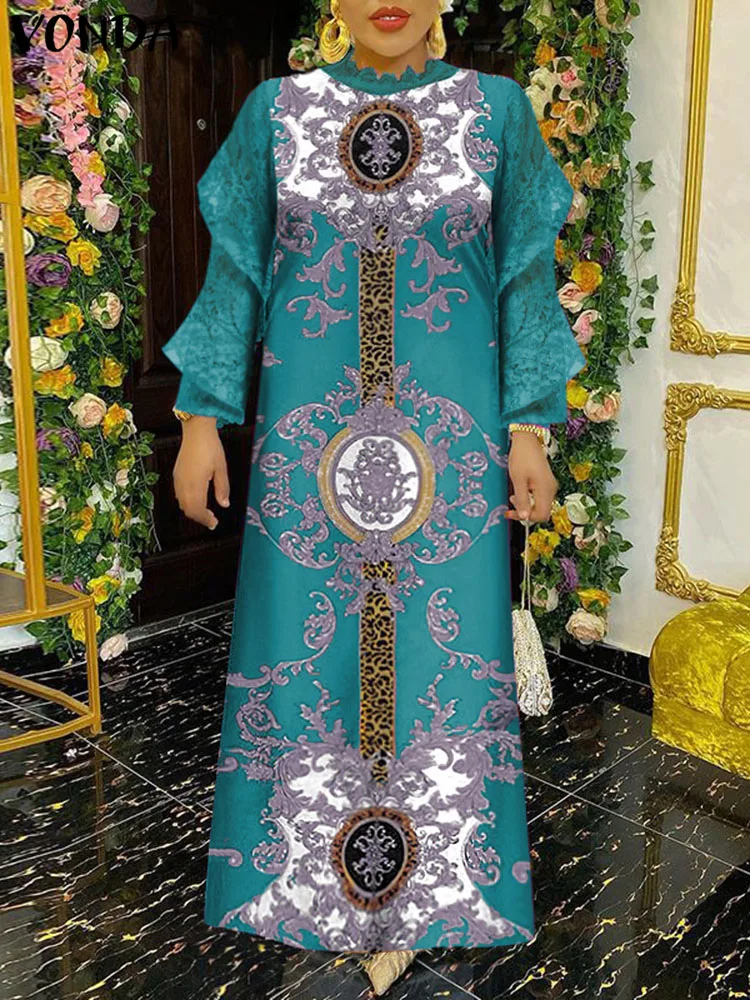 

Summer Maxi Sundress Women 2023 Floral Printed Evening Party Dress VONDA Long Sleeve Lace Ruffled Vestidos Casual Pleated Robe