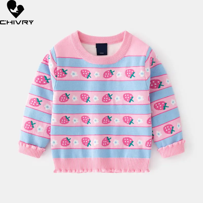 

New Kids Children Pullover Sweater Autumn Winter Baby Girls Cartoon Strawberry Jacquard O-neck Knitted Sweaters Tops Clothing
