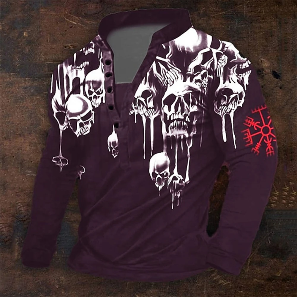 

2023 Autumn Men's T-Shirt 3D Graphic Printed Imitation Cotton Henely T Shirts Long Sleeve Button Streetwear Vintage Casual Tops