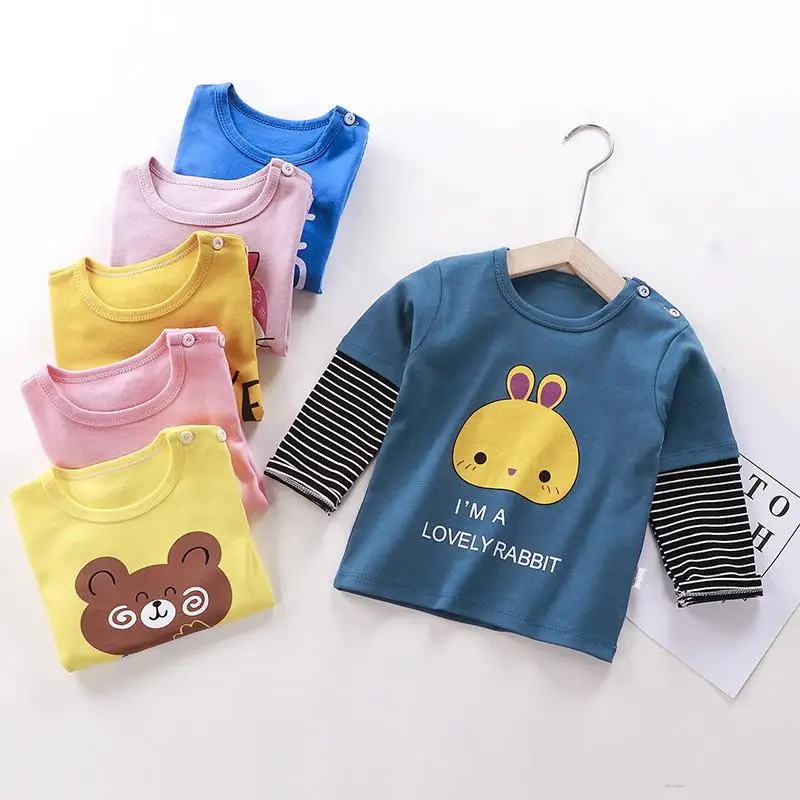 

Autumn Toddler Girl Clothes Long-Sleeved T-Shirt Cotton Bottoming Shirt Fake Two-Piece Raglan T-Shirt Baby Top Cartoon T-Shirts