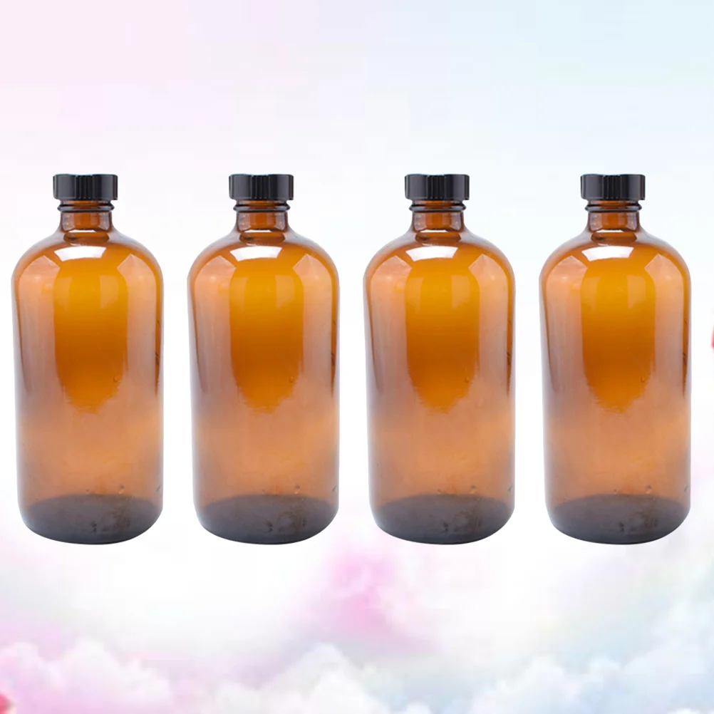 

30ml Amber Glass Bottles 4pcs Refillable Round Brown Boston Bottles with Black Ribbed Cap Essential Oils Container Empty