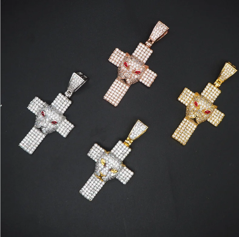 

ANGLANG Bling The Leopard&cross Chain Necklace for Rock Man Full Pave CZ Hip-hop Male Gold Necklace Choker Jewelry Party Gifts