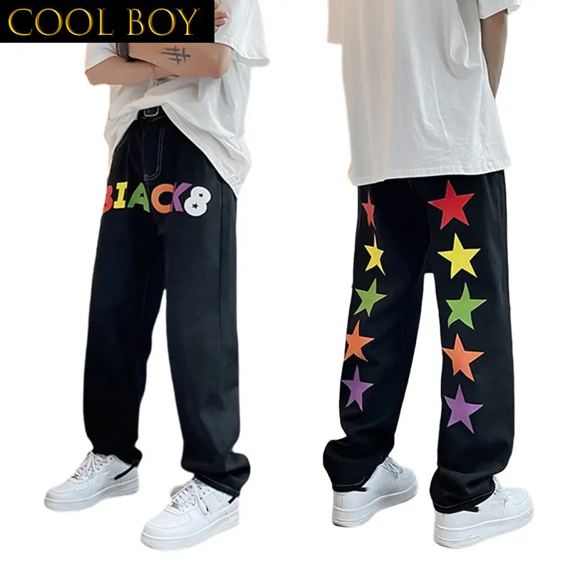 

J GIRLS Printed Black Jeans Men Hip Hop Denim Trousers New Fashion Straight Pants Spring Summer Man Bottoms Y2k Streetwear