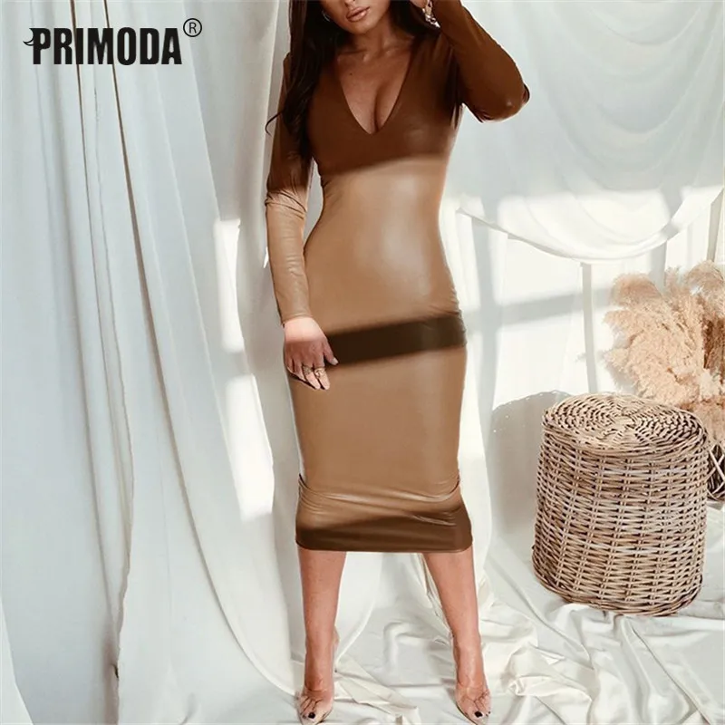 

2022 Spring Autumn Pu Leather Midi Dress Black Ruched Deep V Shoulder Pad Bodycon Sexy Hip Party Elegant Split Dress Club PR205M