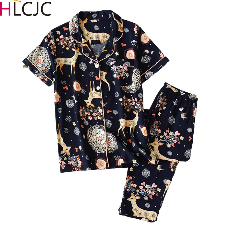 

Пижамный комплект из хлопка и вискозы для женщин на весну и лето, хлопковый костюм, брюки с коротким рукавом, кардиган, домашняя одежда, пижа...