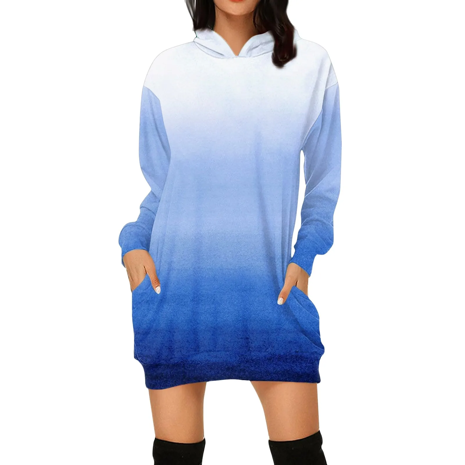 

Womens Aline Dress Women's Casual Fashion Printed Long Sleeved Hoodie Long Style Sweater V Neck Maxi Dress for Women