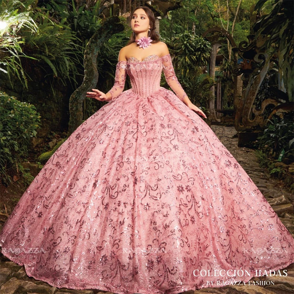 

Infanta Sequin Floral Three Quarter Sleeve Pink Quinceanera Dresses Ball Gown Lace Up Sweet 15 16 Dress vestidos de 15 años