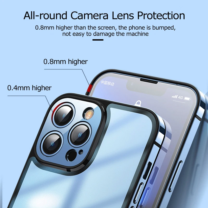 Luxury Metal Phone Cases For iPhone 12 13 Pro Max Stainless Steel Frame Transparent Matte Glass Back Cover Metal Lens Protection