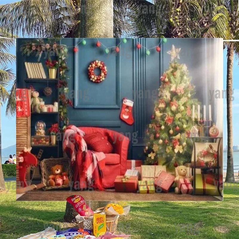 

Sofa Cartoon Tree Banner Bedroom Beautiful Red Happy New Year Custom Decoration Party Backdrop Merry Christmas Background Gifts