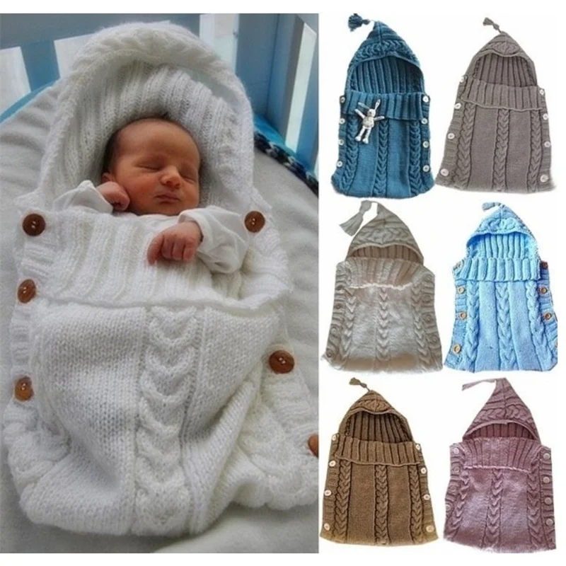 Newborn Baby Winter Sleeping Bags Knit Button Infant Wrap Swaddle Blanket with Hat Solid Color Thick Baby Blanket 0-12M