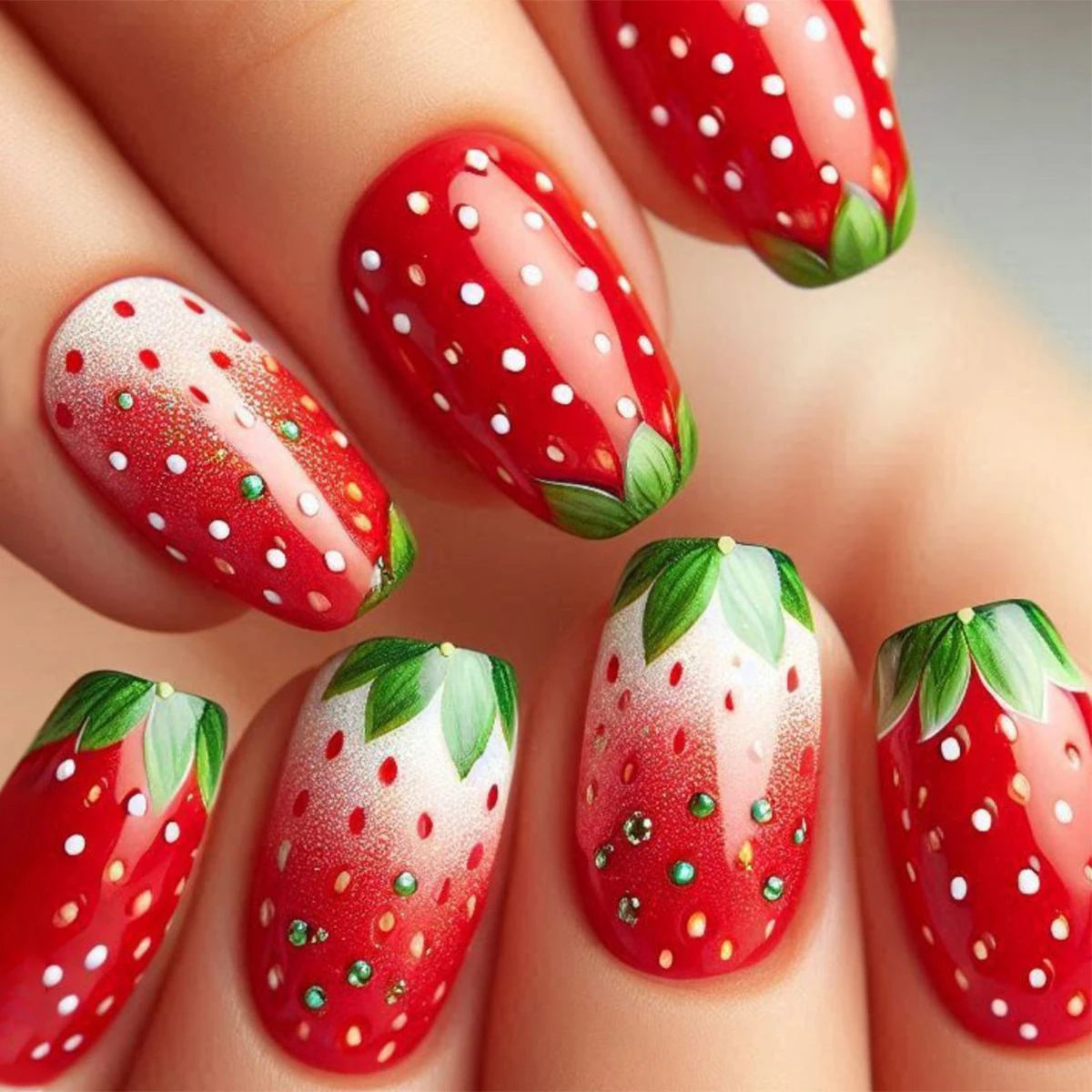 24Pc Ballerina Press on Nails with Red Strawberry Cute Fake Designs Cat's Eye On 3d