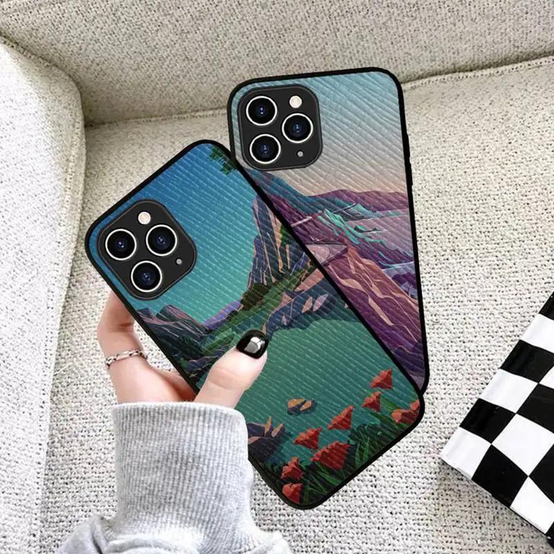 

Hand Painted Mountain Phone Case Hard Leather Case for iPhone 11 12 13 Mini Pro Max 8 7 Plus SE 2020 X XR XS Coque