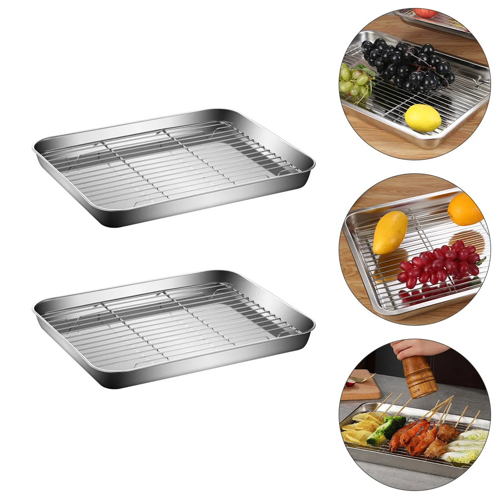 

2 Sets Stainless Steel Drain Net Storage Tray Draining Rack Food Serving Heavy Non-slip Cooling Pan Kitchen Baking Pans Pizza