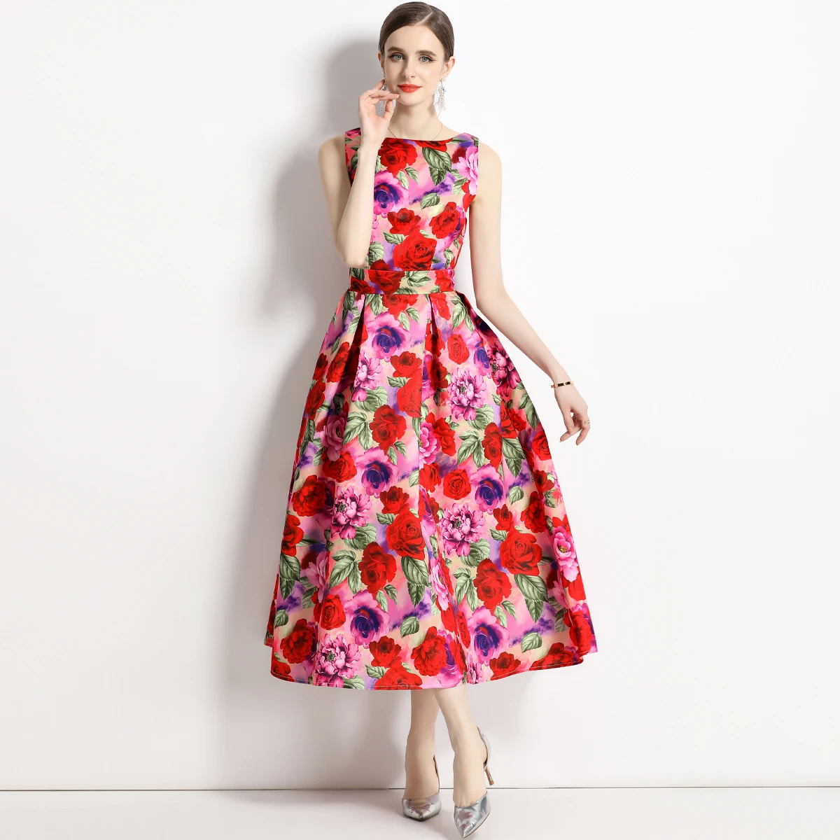 Женское платье миди с цветочным принтом, круглым вырезом, без рукавов