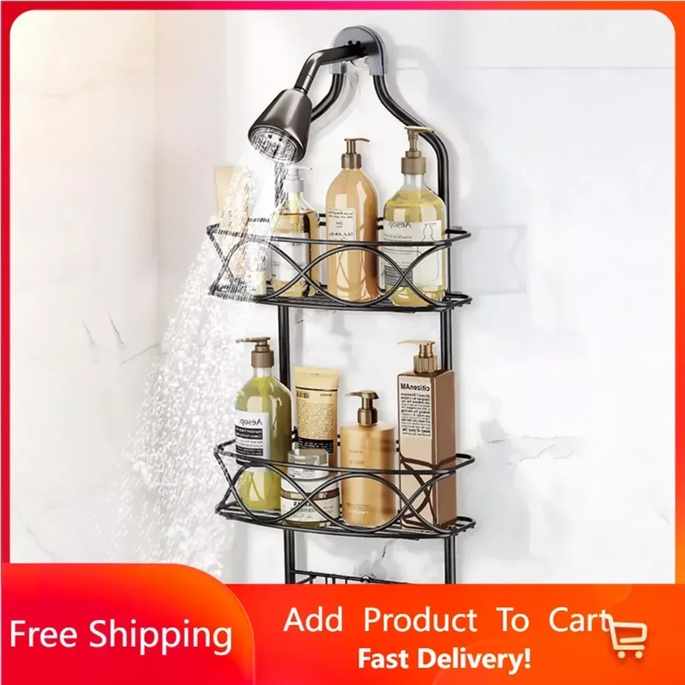 

Over Head Shower Organizer, Hanging Bathroom Storage Rack with Soap Holder and Hooks, 3-Shelf Shower Caddy Basket g