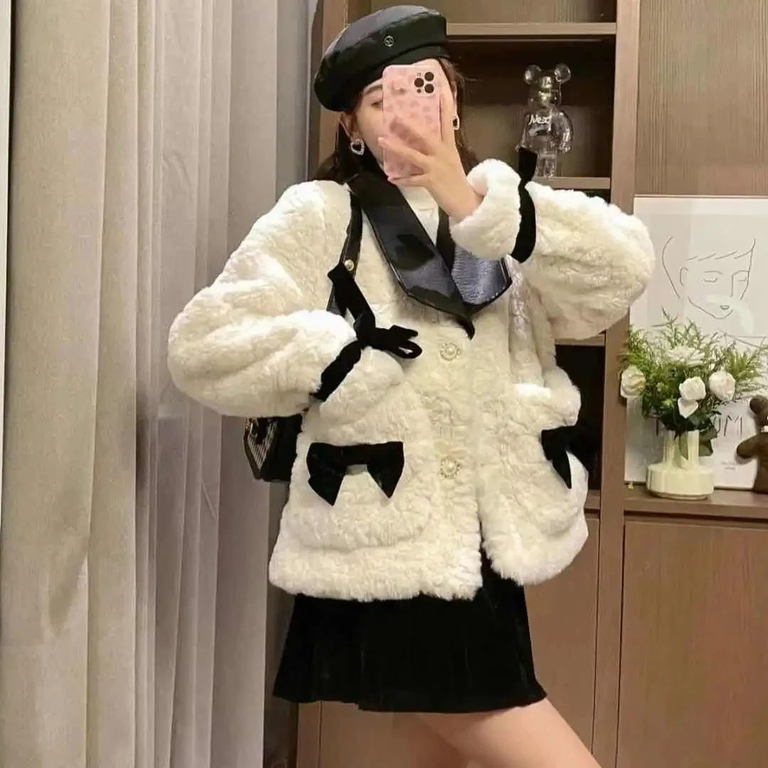 Kawaii Faux Rabbit Fur Cropped Coat Women Korean Fashion Bow Lapel Quilted Cotton Jacket Winter Thick Elegant Fleece Outerwear