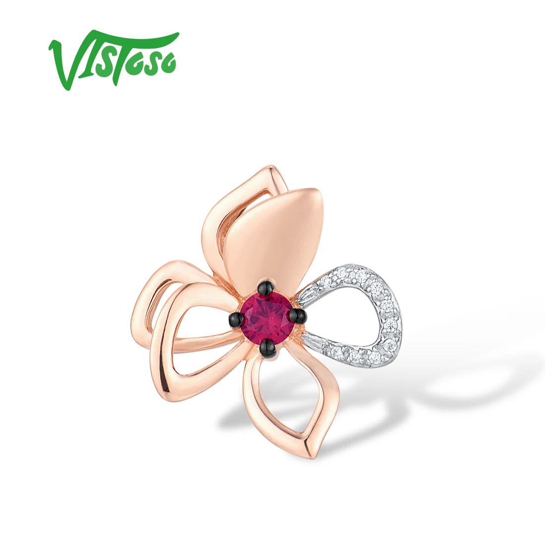 

VISTOSO Genuine 14K 585 Rose Gold Pendant For Women Natural Ruby Diamond Flower Wedding Anniversary Gifts Fashion Fine Jewelry