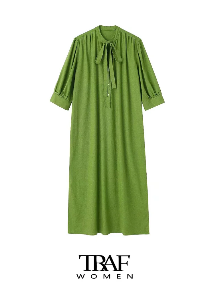 

TRAF Women Fashion With Tied Pleated Linen Midi Dress Vintage Three Quarter Sleeves Side Vents Female Dresses Vestidos Mujer