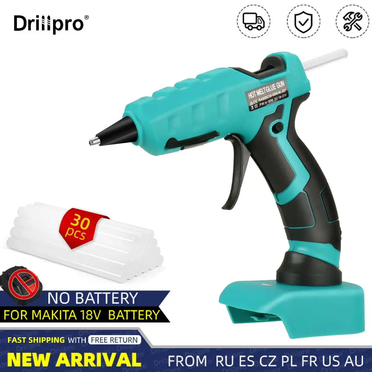 

20V Rechargeable Cordless Hot Melt Glue Gun 7mm with 30Pcs Glue Stick Aluminum Nozzle Home DIY Repair for Makita 18V Battery