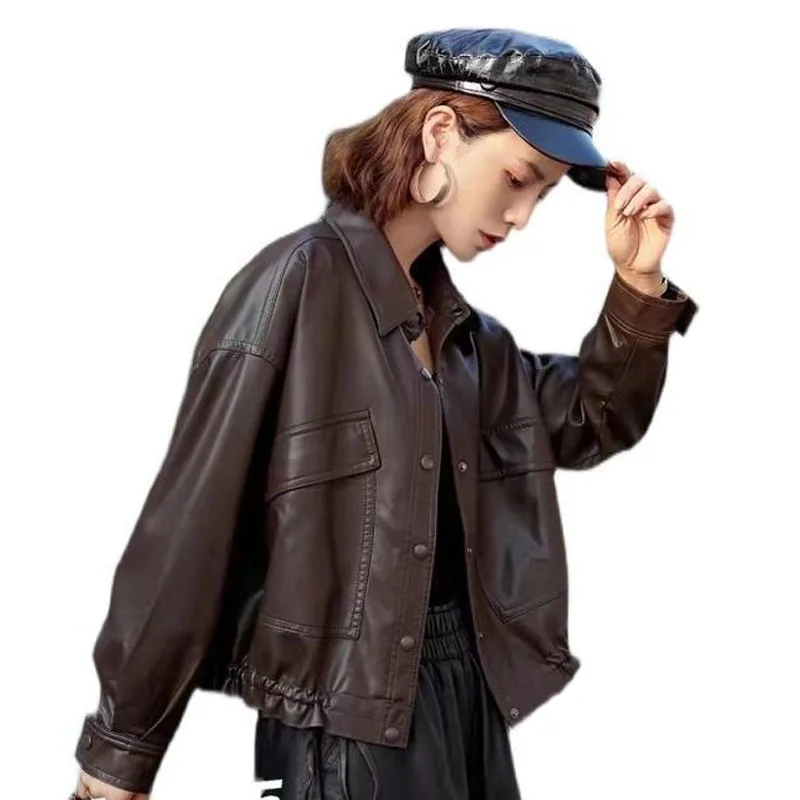 1pcs Women's PU Leather Jackets Coat 2022 Autumn Fashion Faux Fur Buttons Splicing Bandage Ladies Skinny Locomotive Small Coats