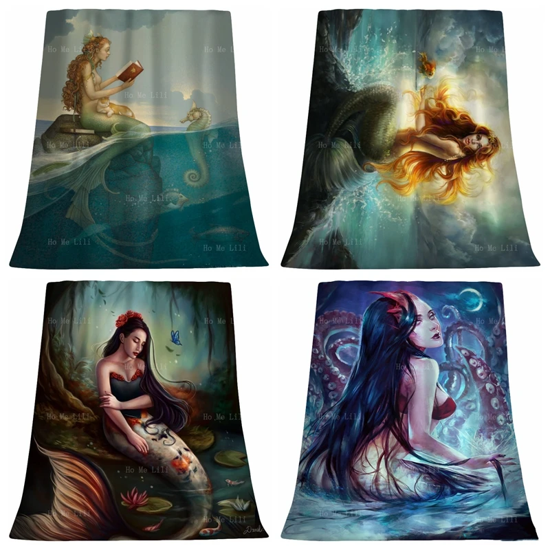 

Fantasy Koi Mermaid Princess Goldfish Sitting On Rock Mythical Humanoid Creatures Magic Art Flannel Blanket By Ho Me Lili