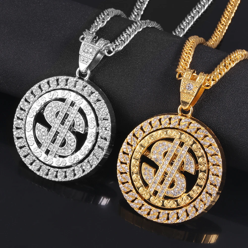 

Hip Hop Rotatable US Dollar Pendant Necklace Men Gold Sliver Color Ice Out Crystal Sign Rock Pendant Bling Rapper Bling Jewerly