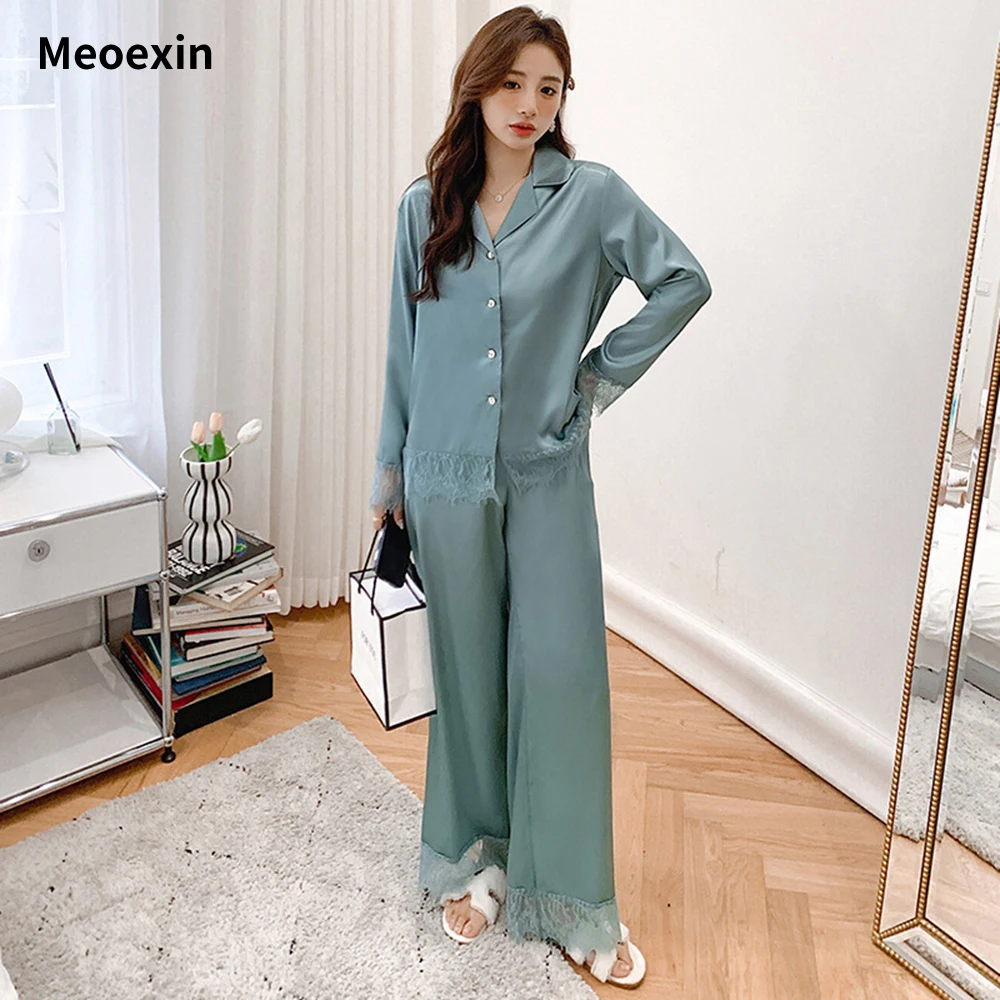 

Women's Sleep Underwear Long Sleeved Pants for Daily Loose and Comfortable Home Wear Button Thin Shirt Silk Pajamas for Lady