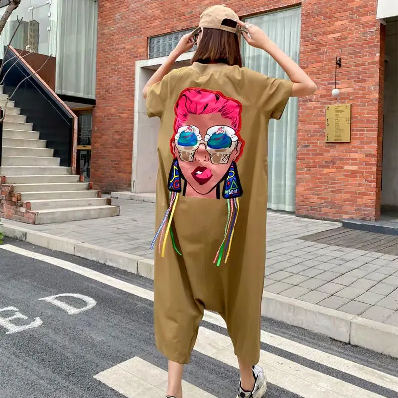 Trendy Hip-hop Style Western Style Women Jumpsuit Streetwear Loose Oversize Age-reducing Contrasting Colors Bodypants Summer