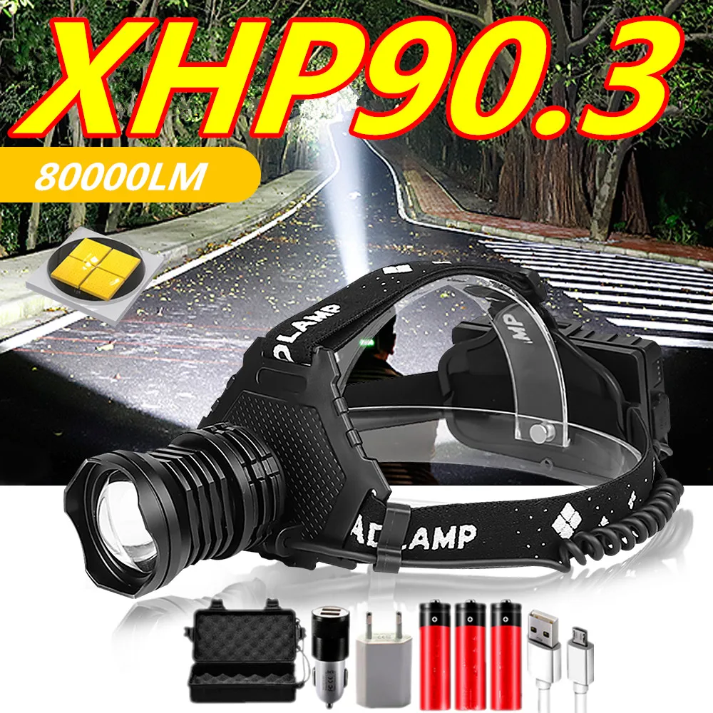 

800000LM XHP90.3 LED Headlight XHP90 High Power Head Lamp Torch USB 18650 Rechargeable Head Light Zoom LED Headlamp Dropshipping