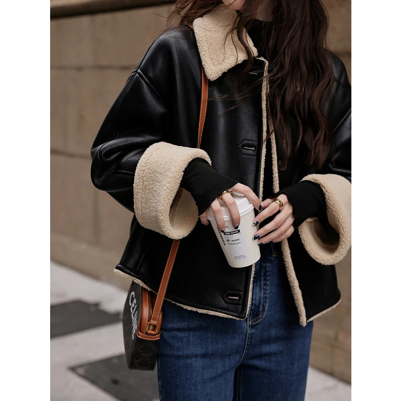 Vintage Women's Lamb Wool Coat Loose Fashion Ladies Harajuku PU Biker Jacket Street Long Sleeve Winter Warm Fur Outerwear 2022
