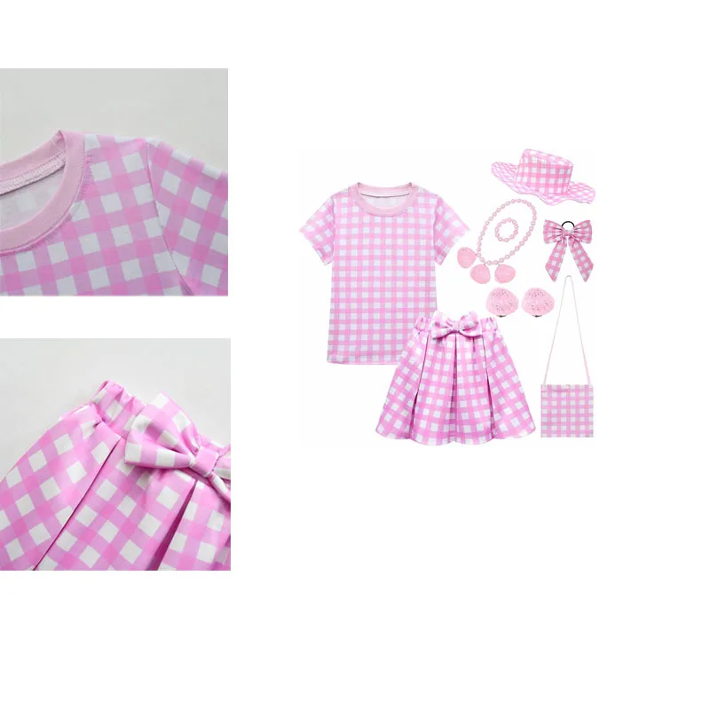 

Kids Barbier Cosplay Costume Children Girls Pink Plaid Tops Skirts Hat Headgear Bags Full Set Outfits Halloween Party Role Suit