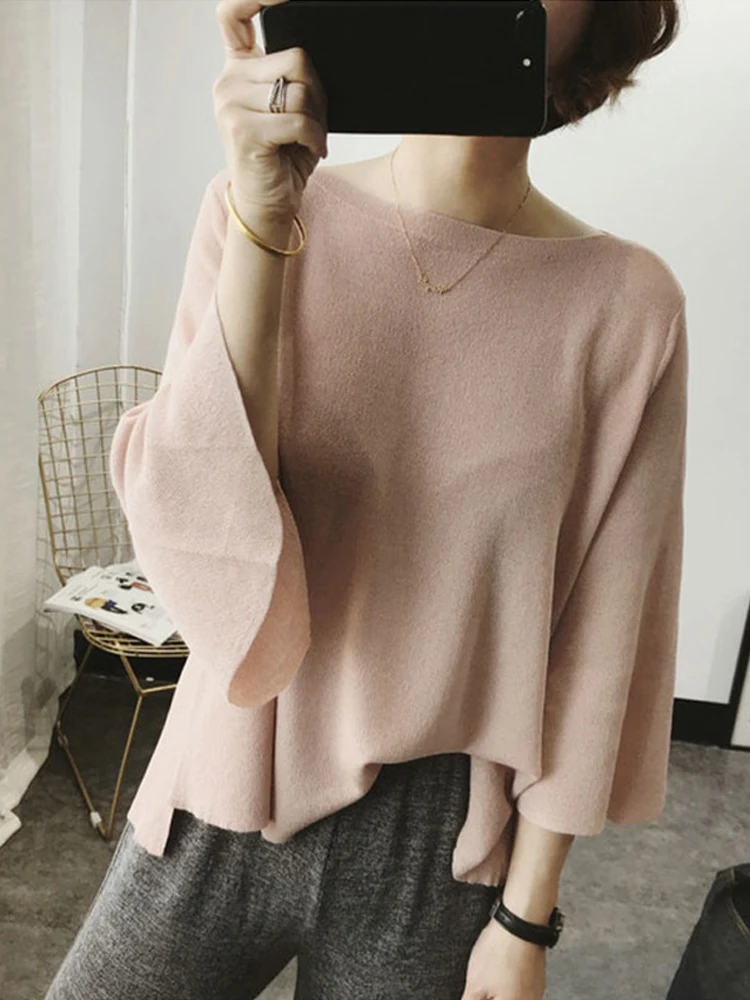 

Early Autumn Korean Ice Silk Sweater Women Flare Three-quarter Sleeve Loose Air-conditioning Shirt Summer Thin Off Shoulder Top