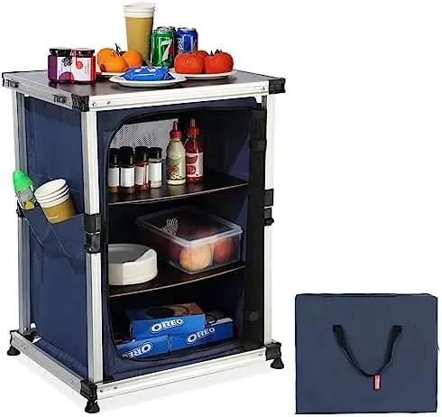 

Kitchen Table, Lightweight Portable Folding Outdoor Cooking Storage Cabinet with 3-Tier Shelves, Side Pockets & Carrying Bag