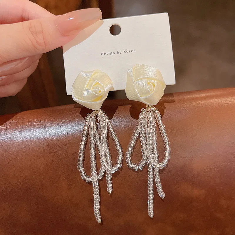 

Korean Trendy Flowers Tassel Beaded Drop Dangle Elegant Earrings For Women Fashion Ear Jewelry Party Gifts