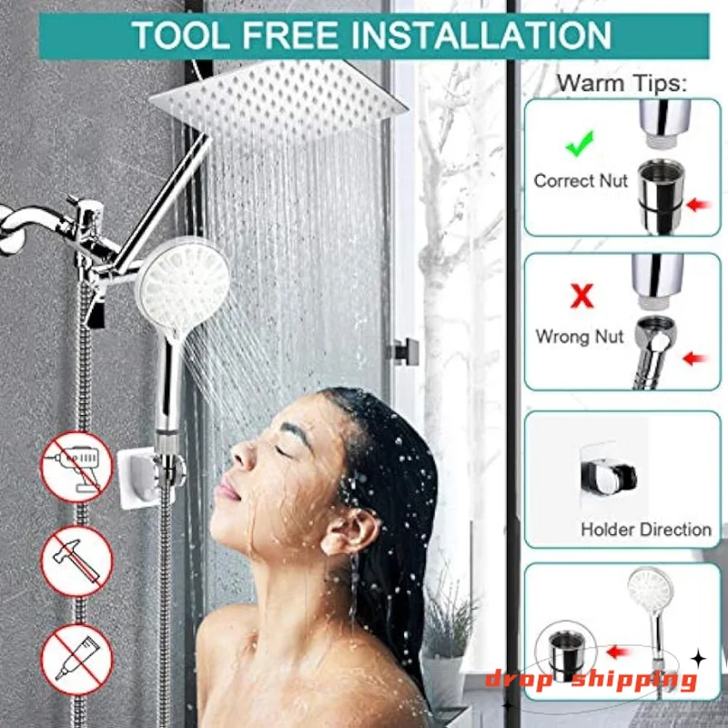 

10 Inch High Pressure Rainfall Shower Head/Handheld Shower Combo with 11 Inch Extension Arm, 9 Settings Adjustable Anti-leak