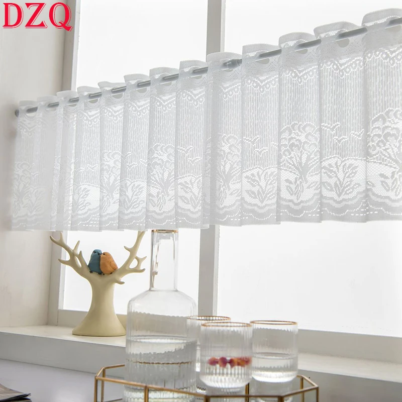 

White Lace Short Curtain Kitchen Bottom Flower Half Curtain Flowers Special Design Short Curtain Grommet Top Small Valance #A101
