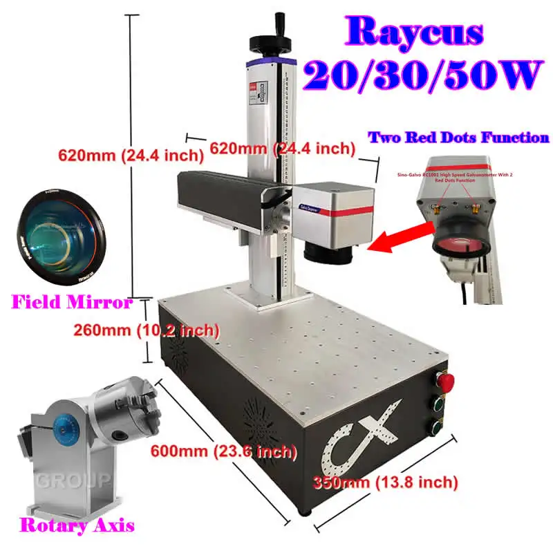 50W Raycus Fiber Laser Marking Machine 4 Axis Nameplate Marker 20W 30W Metal Jewelry Engraving Carving Double Red Dots Function