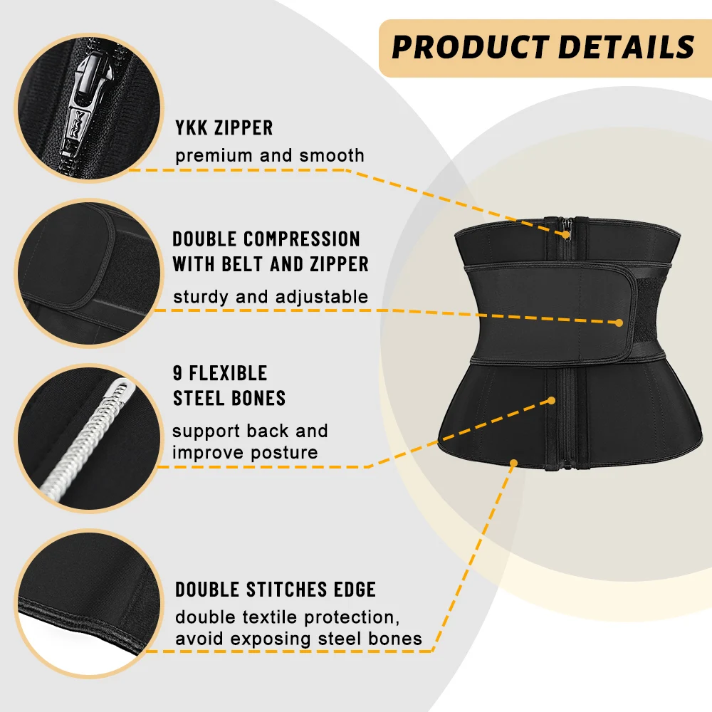 Atbuty Latex Waist Trainer 9 Steel Bones Women Cincher Tummy Slim Corset with Zipper Gridle Trimmer Belt Model Strap Body Shaper