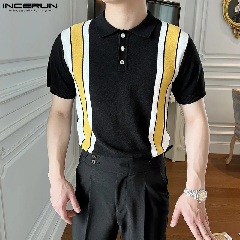 

Модные хорошо облегающие Топы INCERUN, красивые новые мужские вязаные футболки с коротким рукавом, стильная полосатая футболка с отворотом