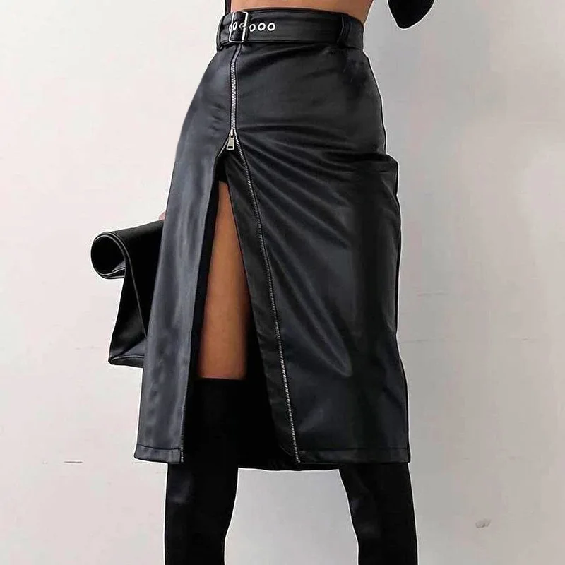 

Gaono Women Faux Leather Midi Skirt High Waist Ruched Bodycon Split Skirt Pu Leather Slim Pencil Skirt Night Party Clubwear