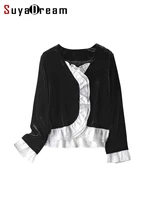 suyadream velvet blouses for woman 100silk velour crepe vintage ruffles black shirts 2022 spring autumn top