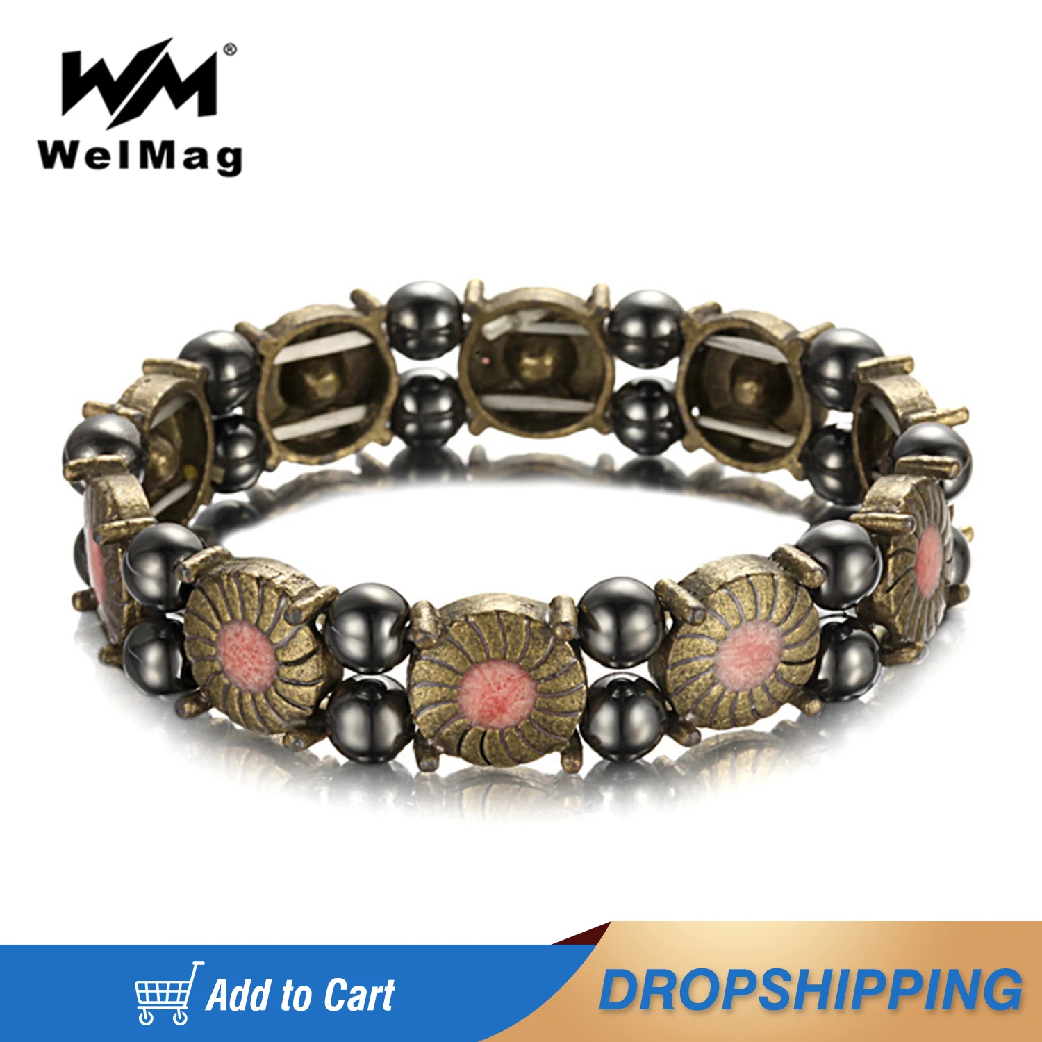 

WelMag Vintage Hematite Bracelets Female Healing Black Bangle Cuff Bracelet Magnetic Bio Energy Women Charm Bracelet